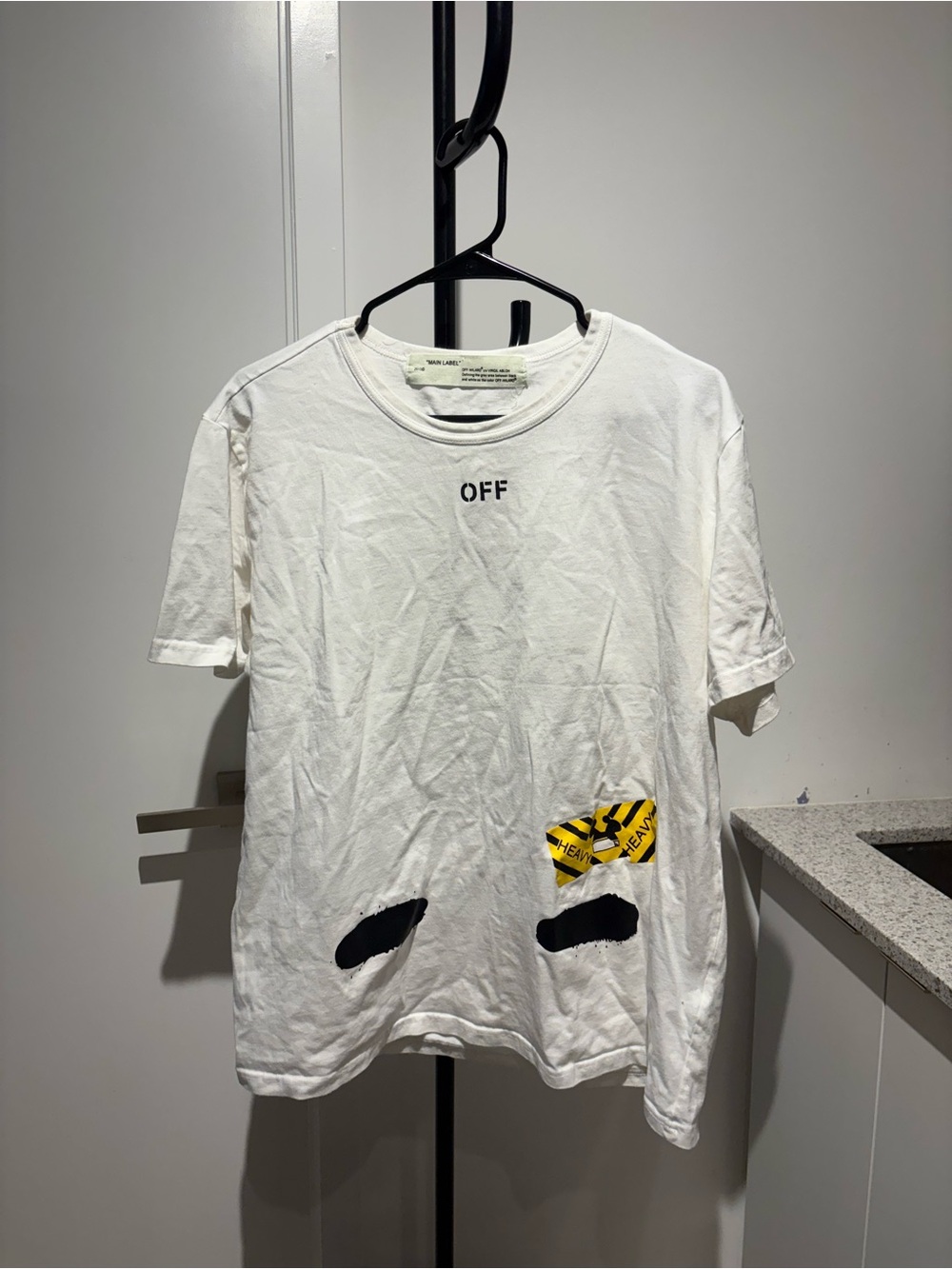 Off-White White Short-Sleeve Tee with Yellow Graphic Tape Women’s